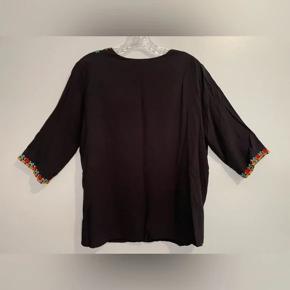 Embroidered Colorful Bold Floral Women's Blouse Shirt Black V-Neck Southwestern - Picture 6 of 16